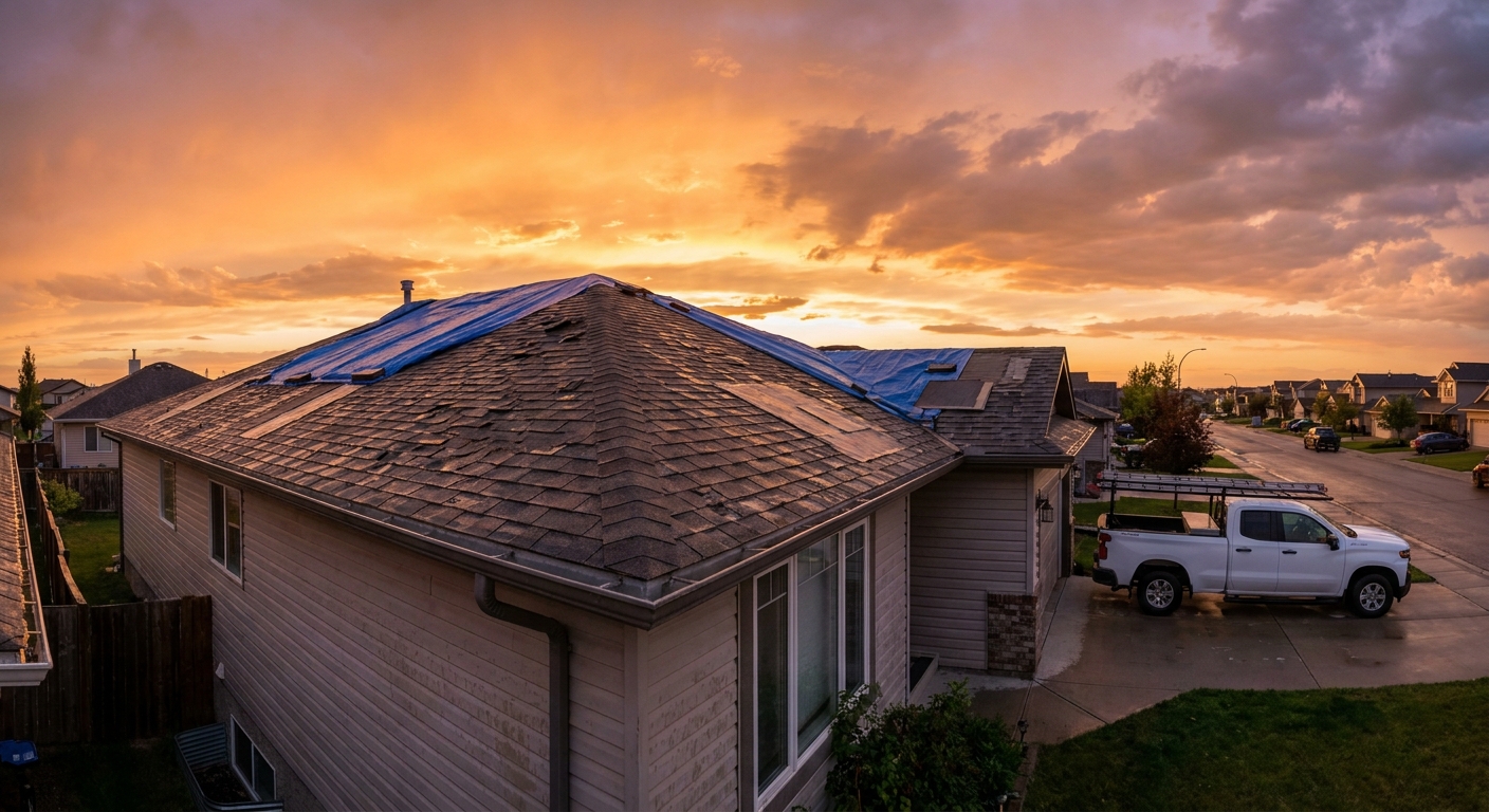 A damaged roof in a Calgary neighborhood showing hail impact and emergency tarping after a severe storm.