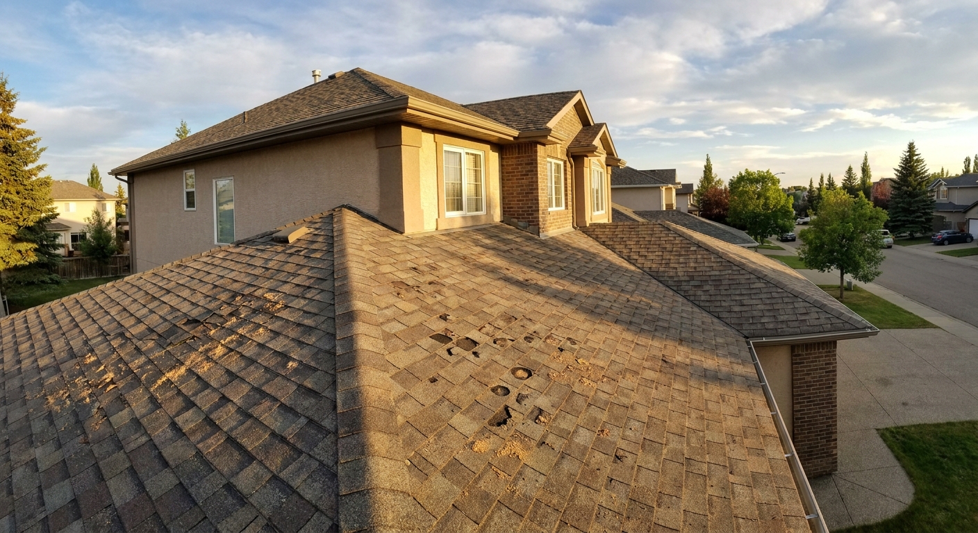 Close up of a bruised asphalt shingle on a Calgary roof showing granule loss after a hail storm