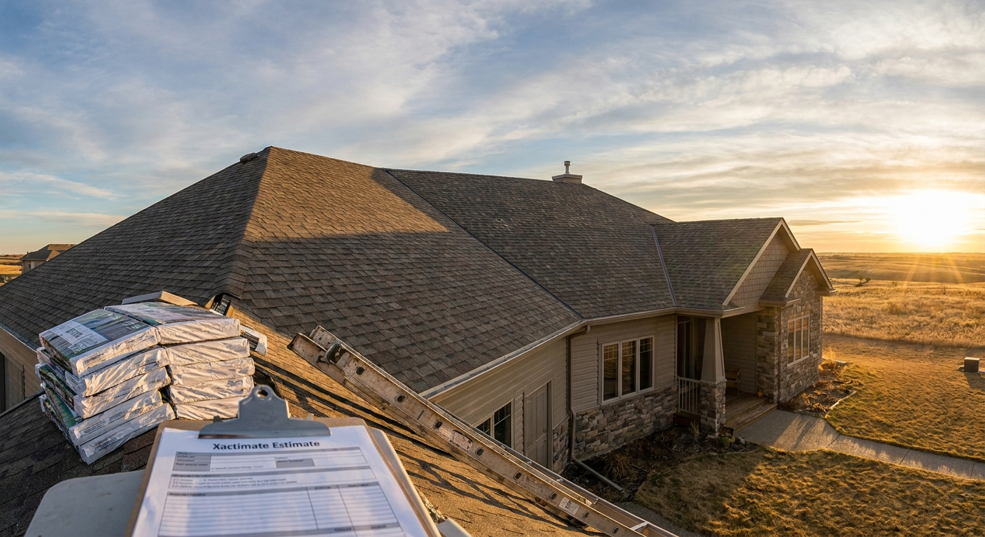 A professional roofing inspection on a Calgary home with asphalt shingles showing signs of aging and hail impact.
