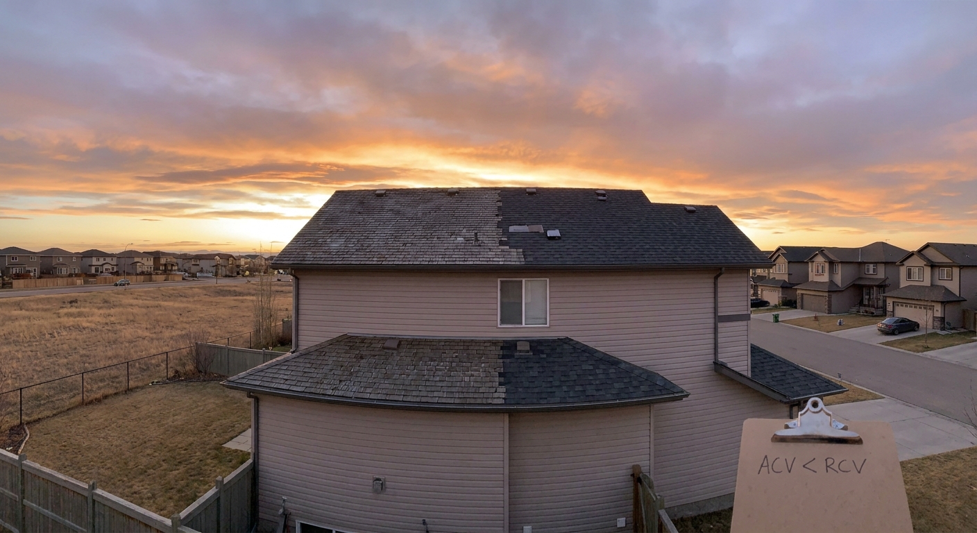 A damaged asphalt shingle roof in a Calgary neighborhood following a severe hail storm, illustrating the need for insurance claim assessments.