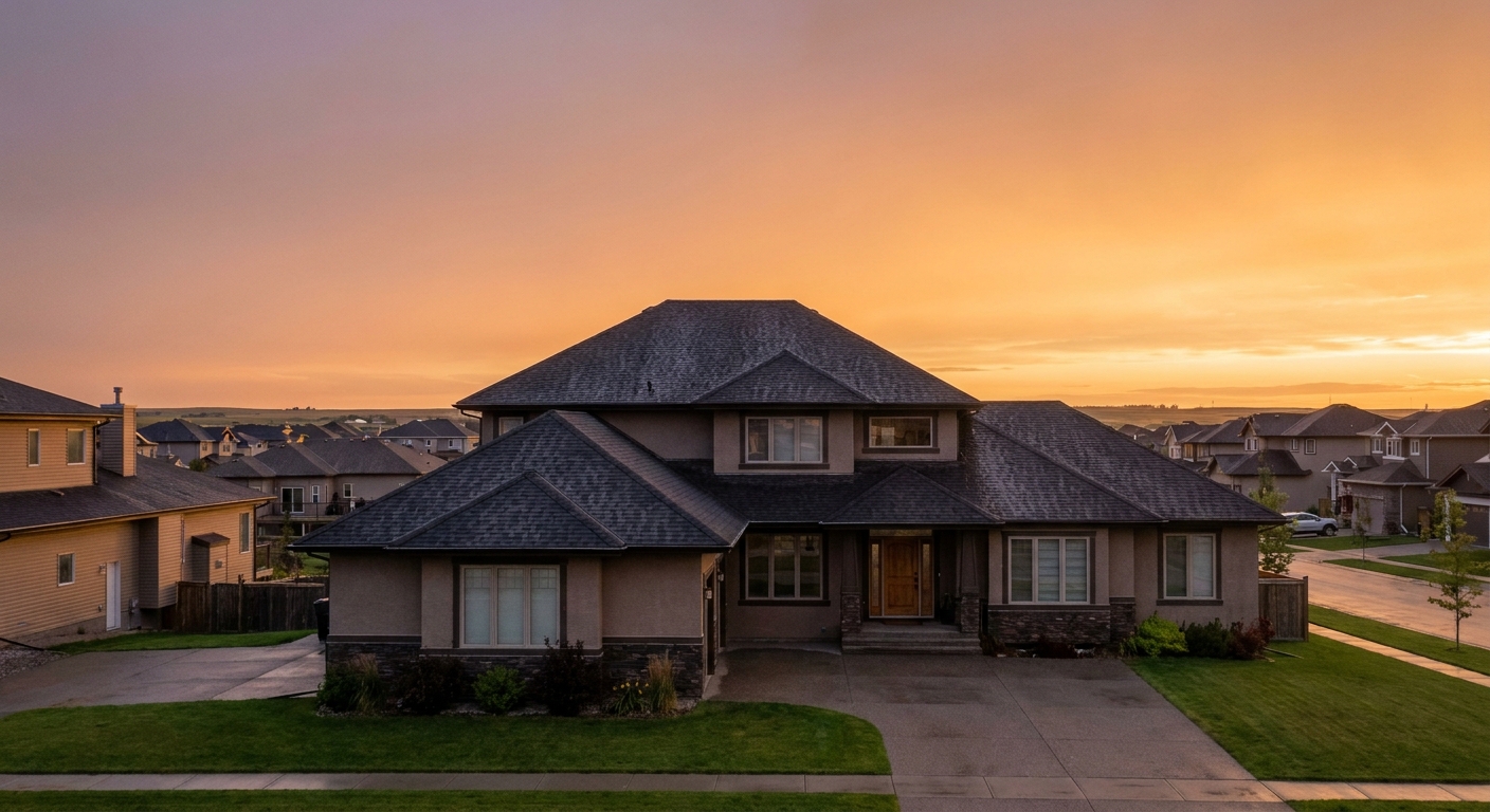 A professional roofing crew installing impact-resistant Class 4 shingles on a residential home in a Calgary neighborhood.