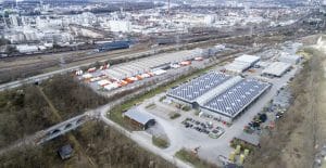 Distribution logistics buildings and industrial area - aerial view