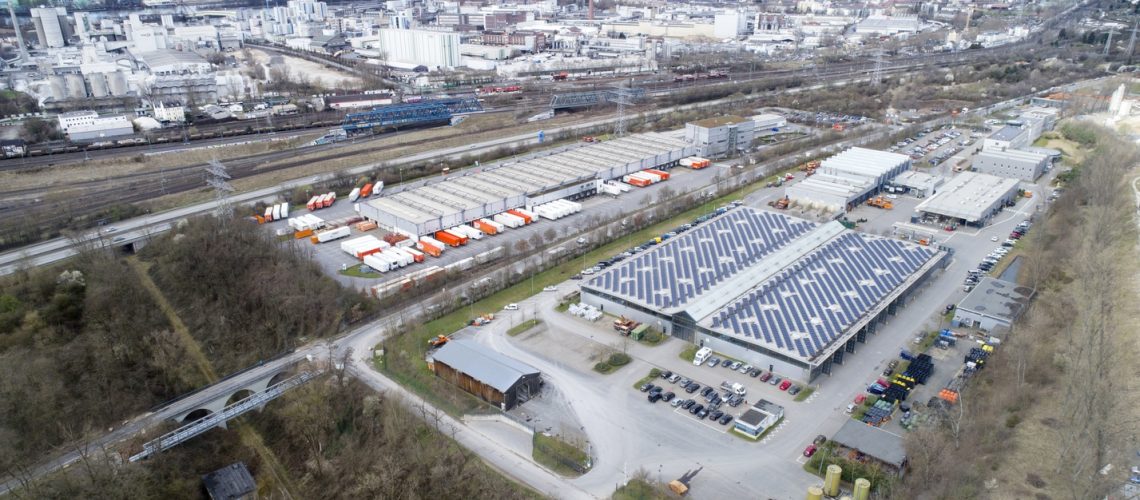 Distribution logistics buildings and industrial area - aerial view